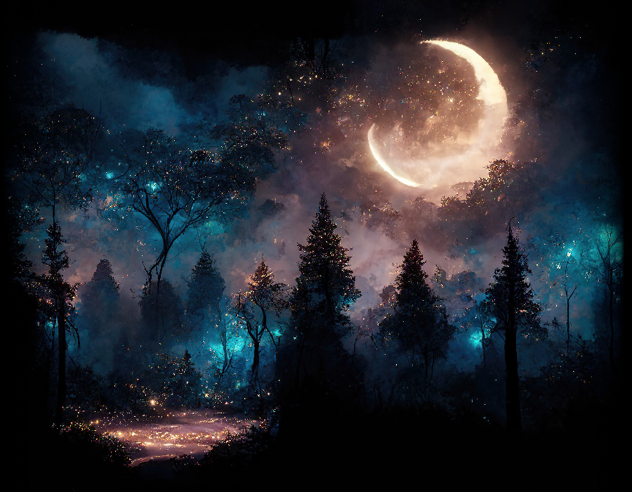 An image of mystical woods at night